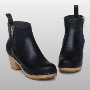 Swedish Hasbeens Emy Black Leather Ankle Boots with Wooden Heel